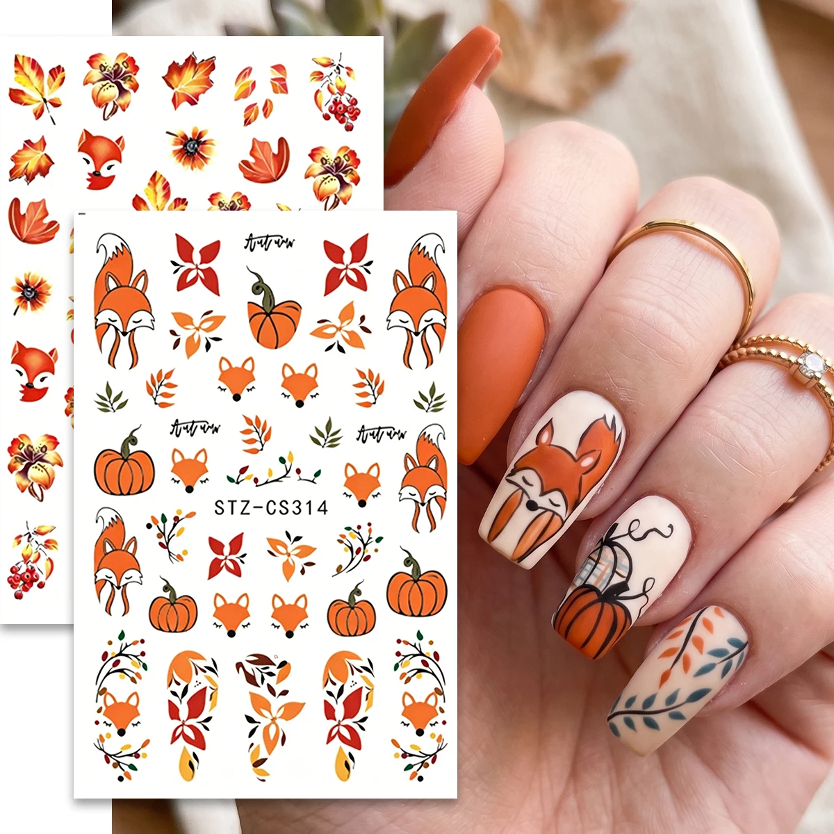 2/4/1pcs Autumn Fall Leaves Nail Art Stickers Thanksgiving Pumpkin Fox Maple Leaf Nail Art Decals DIY Manicure Decorations