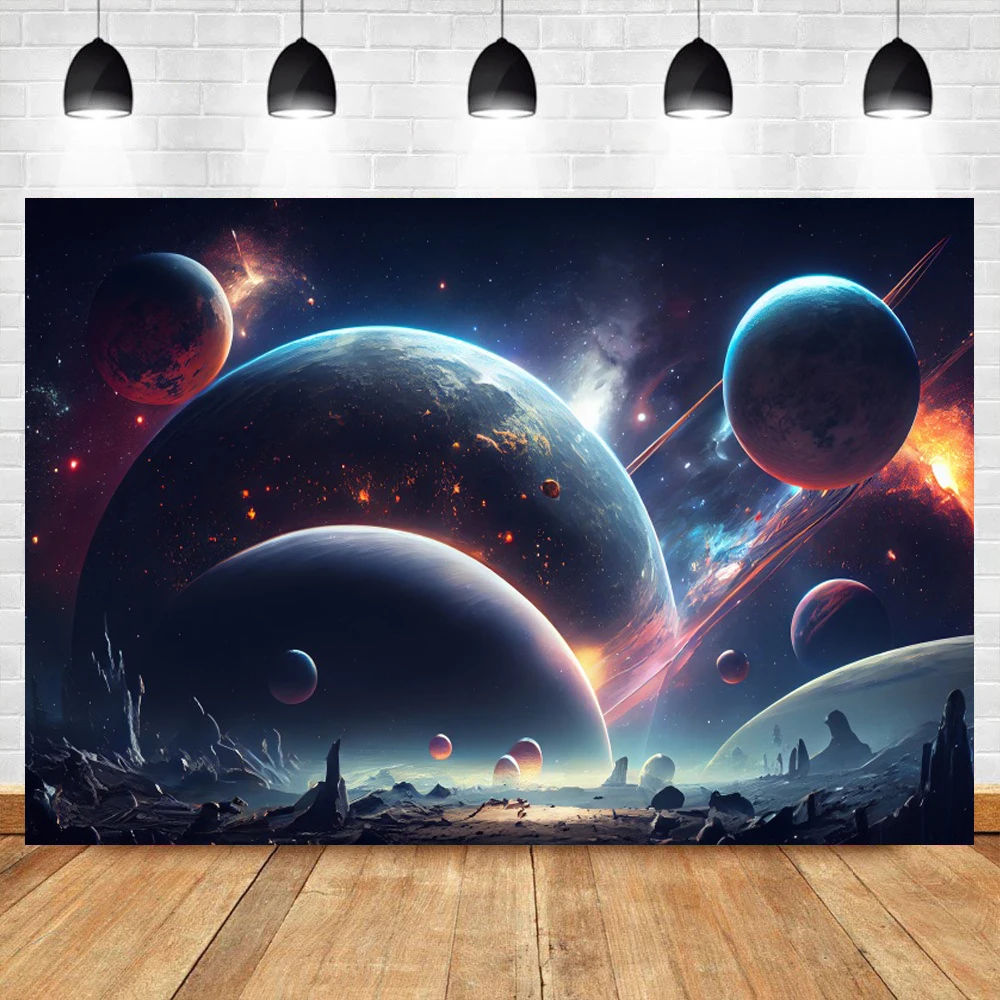 Outer Space Planets Backdrop Children Birthday Party Universe Glitter Stars Clouds Photography Background Kids Room Decoration