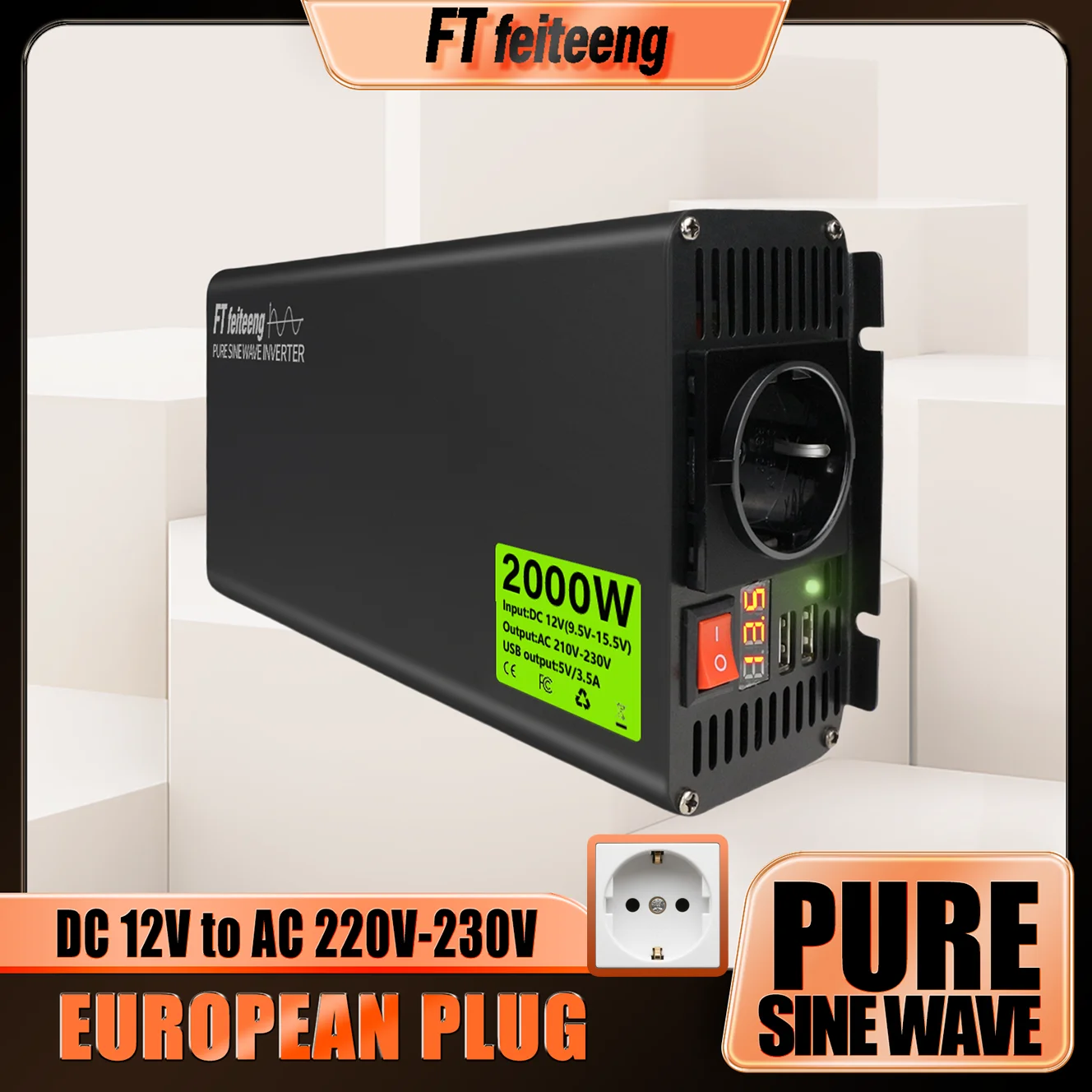 

FT Feiteeng Pure Sine Wave Power Inverter 12V to 220V Car RV Solar AC Converter with USB LCD Display EU Plug for Home Outdoor