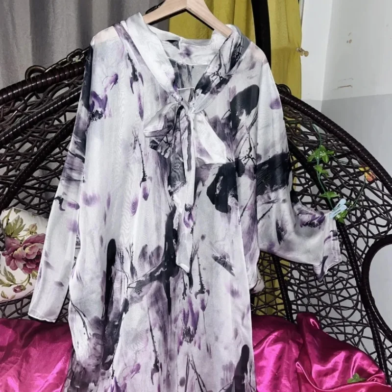 

Women Sissy Fashionable Breathable Batwing Sleeve Night Dress Men Glossy Soft Chiffon Floral Bow Tie Tied Long Sleeved Dress