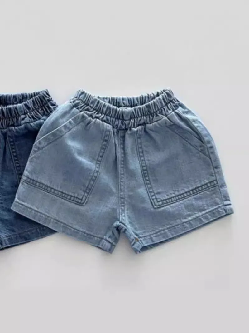 Shorts jeans de bebê com bolso grande, jeans curtos sólidos, roupas casuais versáteis, menino e menina infantil, nova moda, verão, 2022