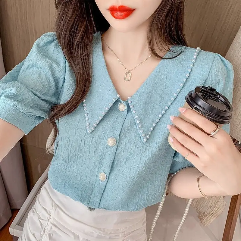 Sweet Peter Pan Collar Puff Sleeve Button Oversized Beading Blouse Summer Casual Tops Elegant Female Clothing Commute Shirt