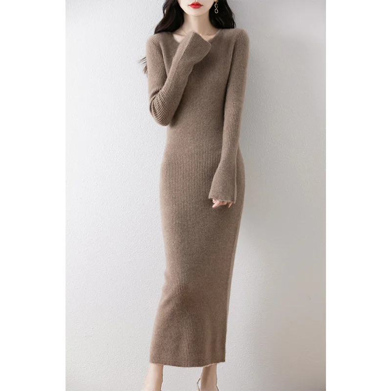 Dresses On Offer Clearance Free Shipping Women\'s Dresses 100% Wool Knitted Jumpers 2024 Winter V-neck Long Dress Pullovers