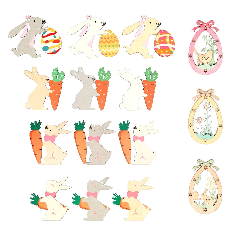 Happy Easter Hollow Pendants Cute Bunny Carrot Egg Hello Spring Flowers Rabbit Wooden Craft Easter Party Home Decoration Supply