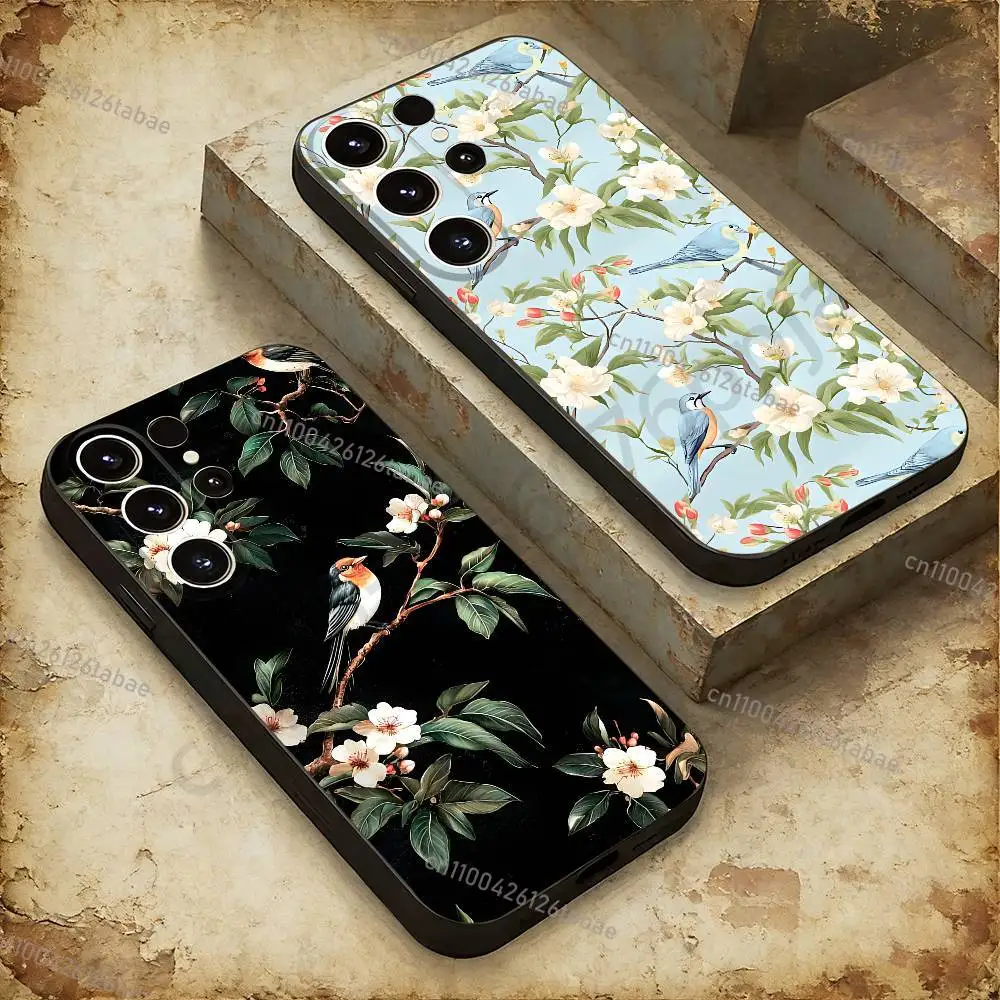 INS Vintage Floral & Bird Phone case For Samsung Galaxy A53,51,72,73,31,30,42 Soft Silicone Black Cover