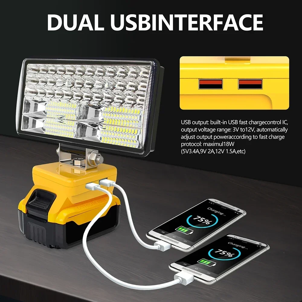 8 Inch Car LED Work Light Flashlight Electric Torch Spotlight For Dewalt DCB206 DCB606 18V 20V 60V Li-ion Battery USB Power Bank