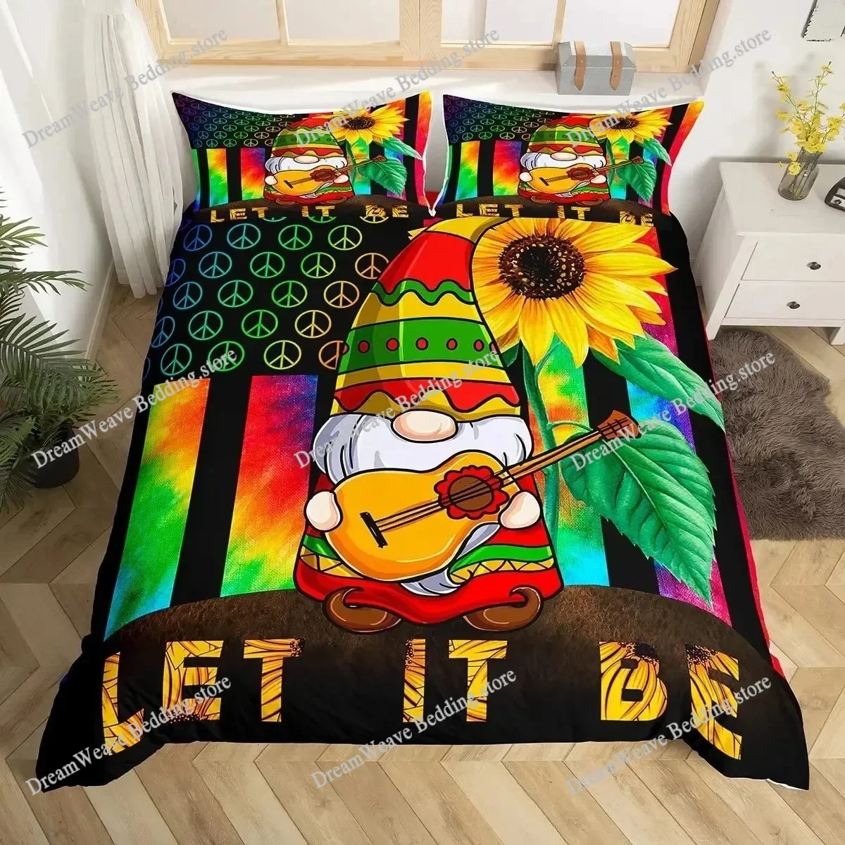 Peace Symbol Duvet Cover Set for Kids Boys Girls,Happiness World Bedding Set Queen Size,Green Brown Red Soft Bedroom Decor
