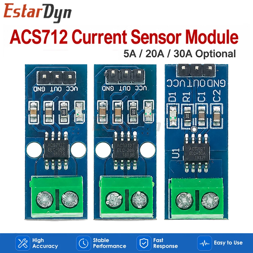

Estardyn ACS712 5A/20A/30A Isolated Hall Current Sensor Board Analog Output AC/DC Current Detection DIY