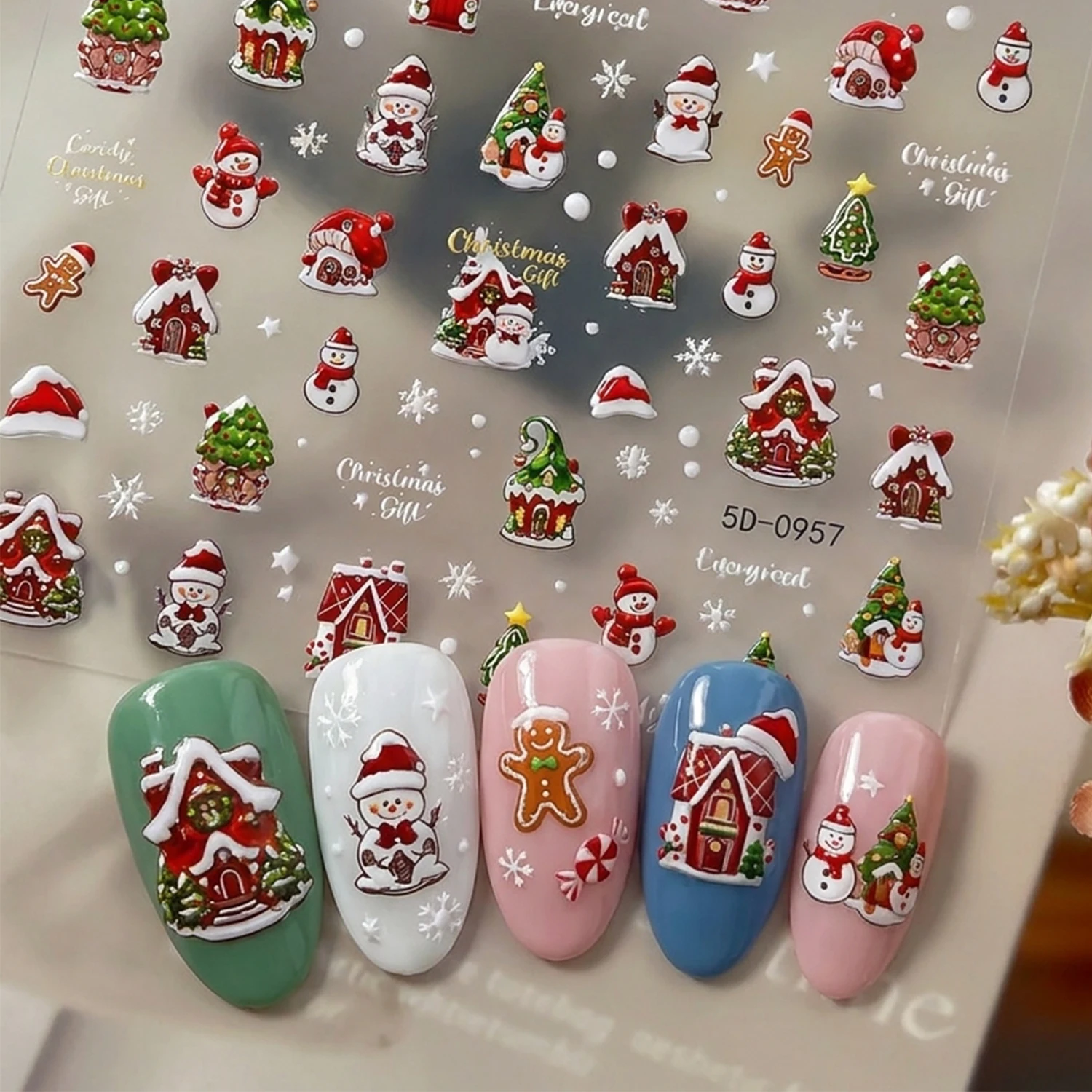 1Pcs 5D Embossed Christmas Nail Stickers Santa Snowman Christmas Tree Gingerbread Man Nail Decals Winter Xmas Party DIY Manicure