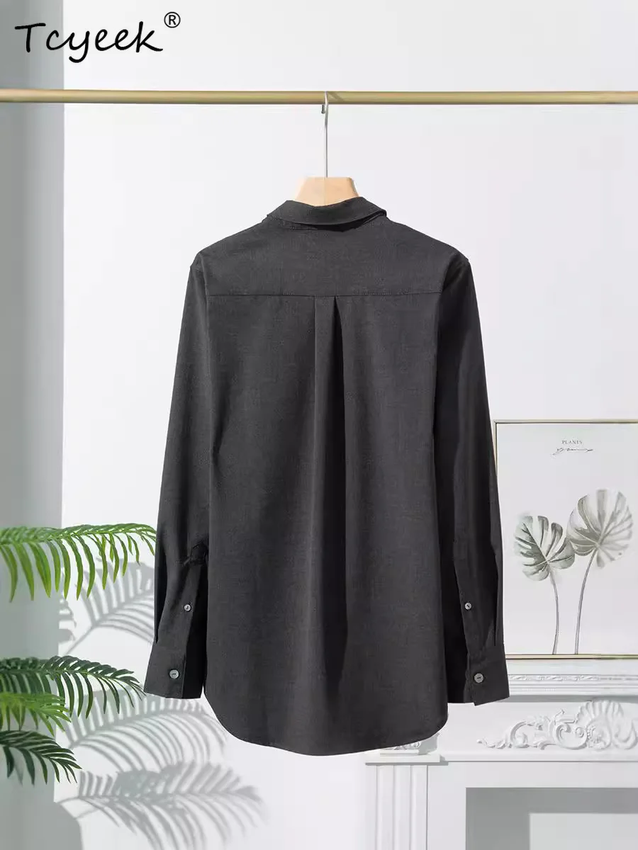 

Tcyeek, 100%Pure Wool Elegant Shirts, Women Lapel Pockets Long Sleeve, Loose Fashion Blouses, 2024 Autumn Winter New T47035QM
