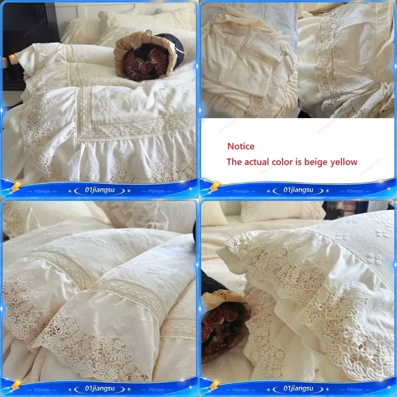Vintage French Style Princess Lace Ruffles Carved Velvet Bedding Set Duvet Cover Sheet Pillowcase Luxury Home Textile Bedroom