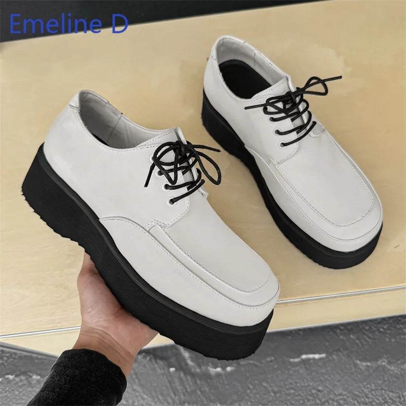 Men Contrast Lace Up Platform Casual Shoes Square Toe  Chunky Footwear Sleek Leather Street Fashion Outdoor Daily Wear Shoes