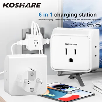 Nano KOSHARE 여행용 전원 어댑터 플러그, 미국 3 콘센트, 2 USB (1 타입 C ), 유럽 유럽, 독일, 프랑스, 스페인, 아일랜드, 포르투갈용