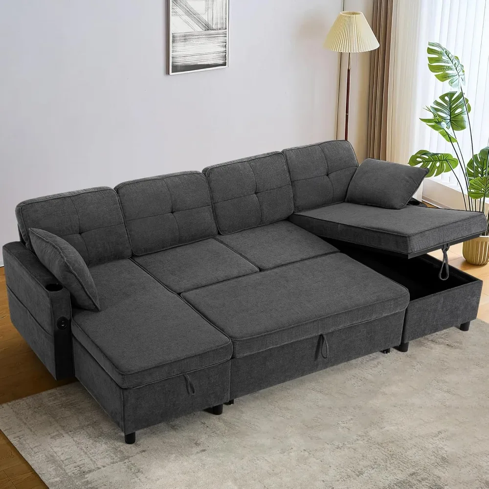 108 Inches Chenille Sectional Sofa w/Adjustable Back & Pull Out Sofa Bed, Tufted U Shaped Couch w/Two Storage Chaises, Sleeper image 2