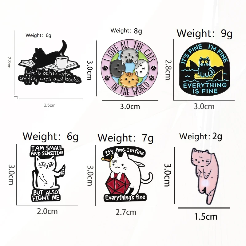 Cup Fish Pack Books Cat Life is Better With Cat Dice Cute Cat Badge Punk Lapel Brooch Jewelry Cat Collection Enamel Pin Coffee