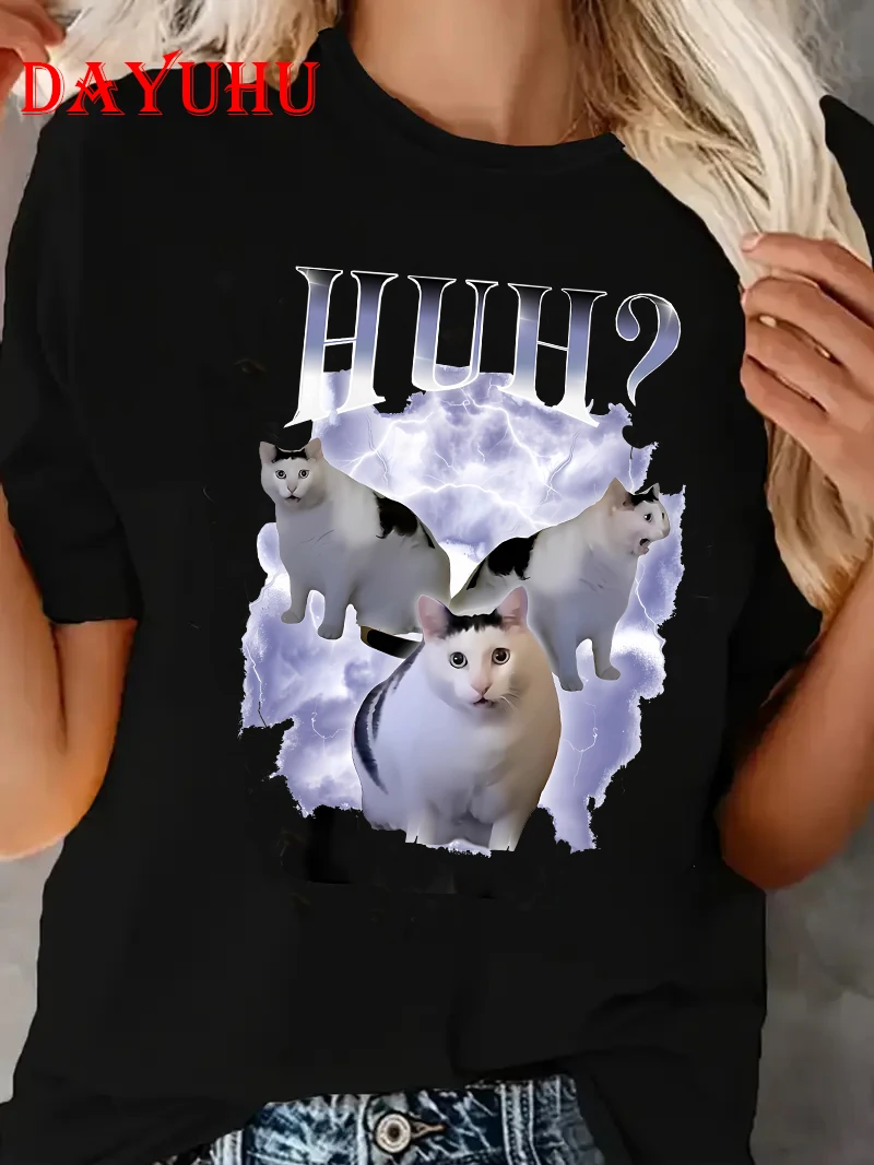 T-Shirt Katze Spruch Huh? Lustige Meme T-shirt Frauen Atmungsaktive Kurzarm T Shirts Mode Harajuku T-shirt