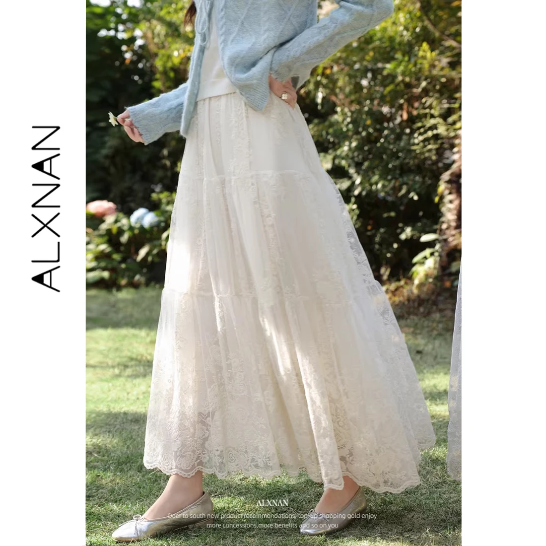 ALXNAN Plus Size Women's Lace Maxi Skirt White Elegant High Waist A-line Long Skirts Summer Pleated Tulle Beach Skirts D61911