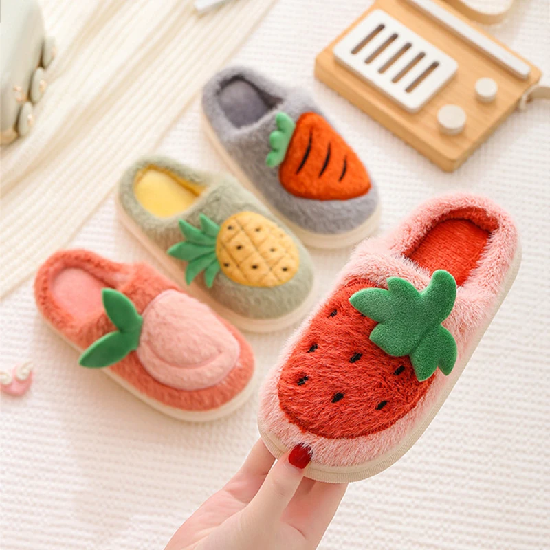 Children Cotton Slippers Winter Kid Indoor Slippers Cute Fruit Home Plush Slippers Anti Slip and Warm Winter Slippers