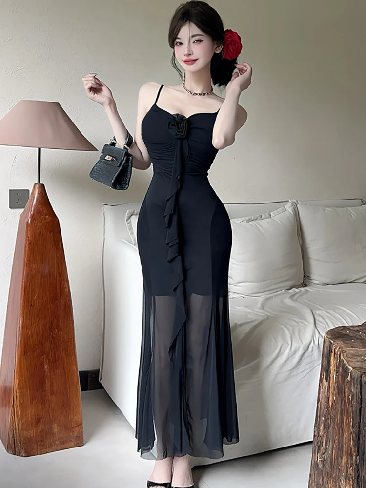 Women Green Floral Mesh Pleated Bodycon Sling Long Dress Summer Elegant Ruffled Luxury Evening Dress 2025 Korean Fesitval Dress