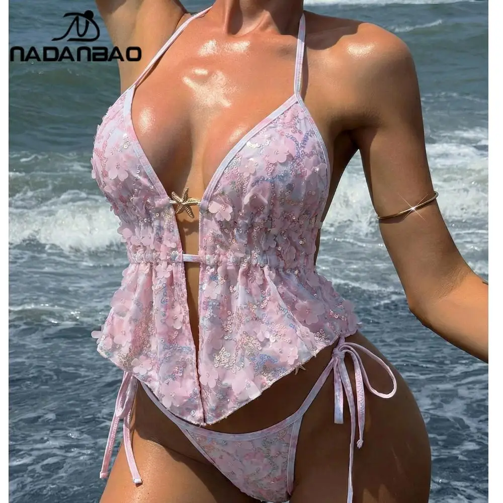 

Nadanabo Fashion Sexy Floral Two-Piece Set Shiny Sequin Women's Bikini Hanging Neck Lace-Up Swimsuit Holiday Seaside Beachwear