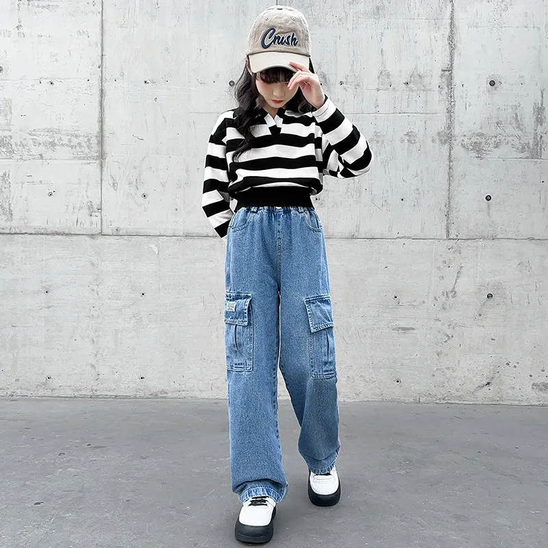 Fashion 2024 Cargo Jeans for Girls Spring Blue Pocket Hot Deals Teens Kids Cargo Pants Casual Straight School Children Trousers