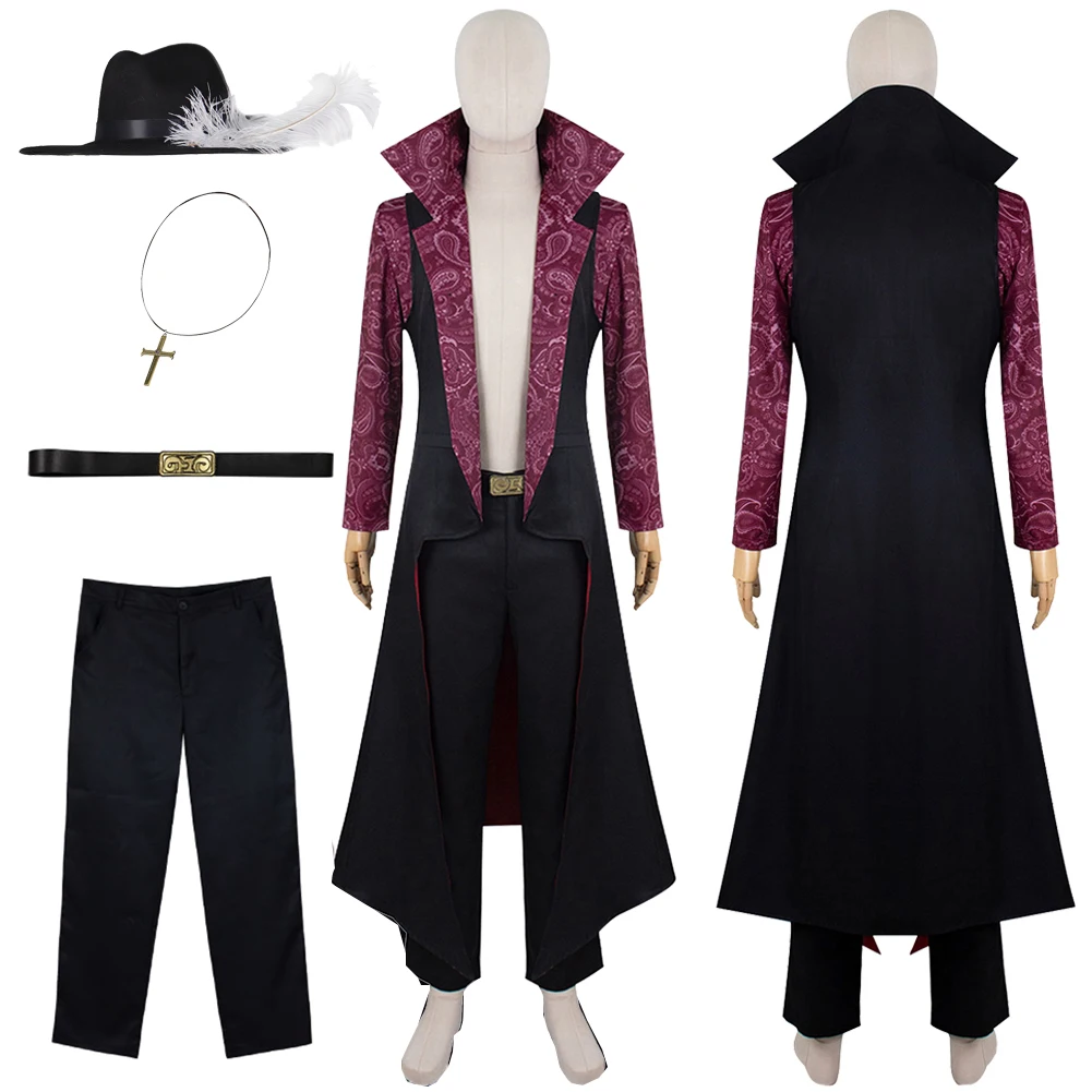 Dracule Mihawk Cosplay Fantasy Robe Hat Anime Pirate Costume Headwear Outfit Boy Men Adult Halloween Carnival Party Suit