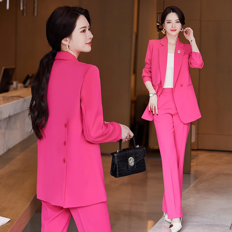 

Women Jacket and Pant Suit Blazer Ladies Pink Khaki Black Long Sleeve Single Breasted Business Work Wear Formal 2 Piece Set