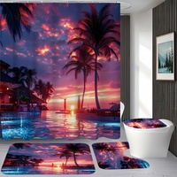 Tropical Sunset Bathroom 4-Piece Set: Shower Curtain, Bath Mat, Toilet Cover, Tank Cover – Serene and Vibrant Decor