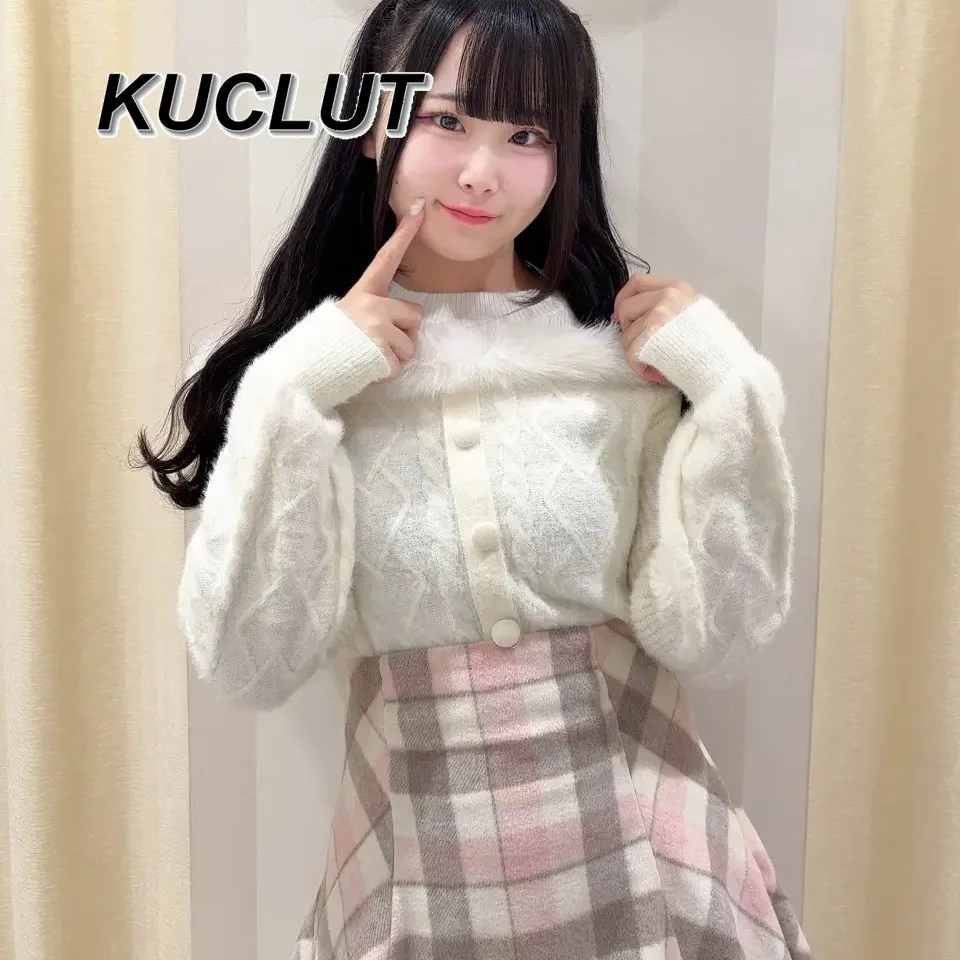 

Off-Shoulder Plush Collar Knitted Sweater for Women Pattern Short Slim Cardigan New Japanese Style spring autumn Sweater tops