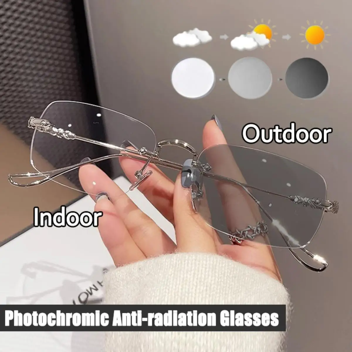 Photochromic Vintage Rimless Sunglasses Men Women Fashion Rectangle Frame Eyewear New Sun Glasses