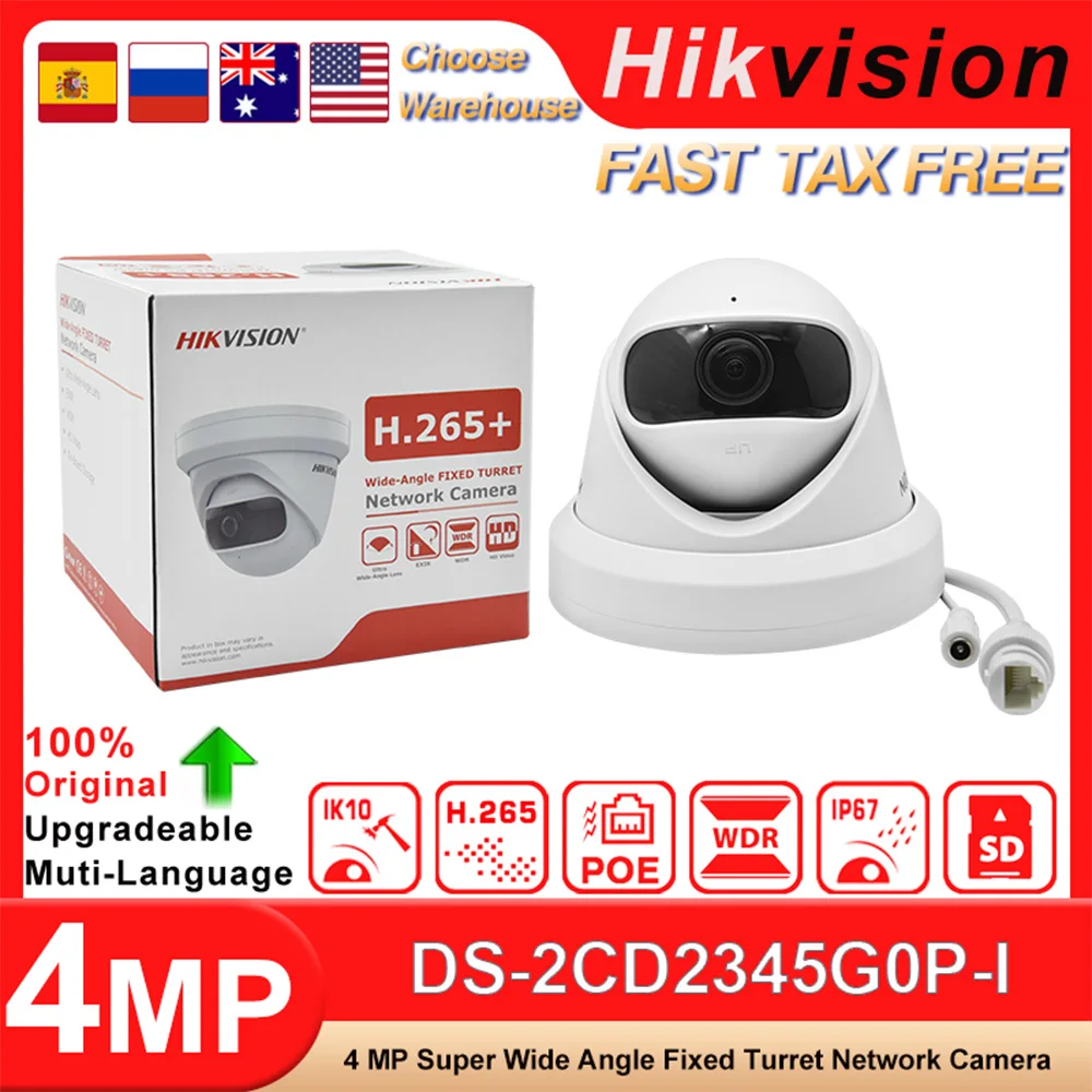 Hikvision Original DS-2CD2345G0P-I 4MP 180° Super Wide Angle Fixed Full Metal Turret Network Camera H.265+ Distortion correction