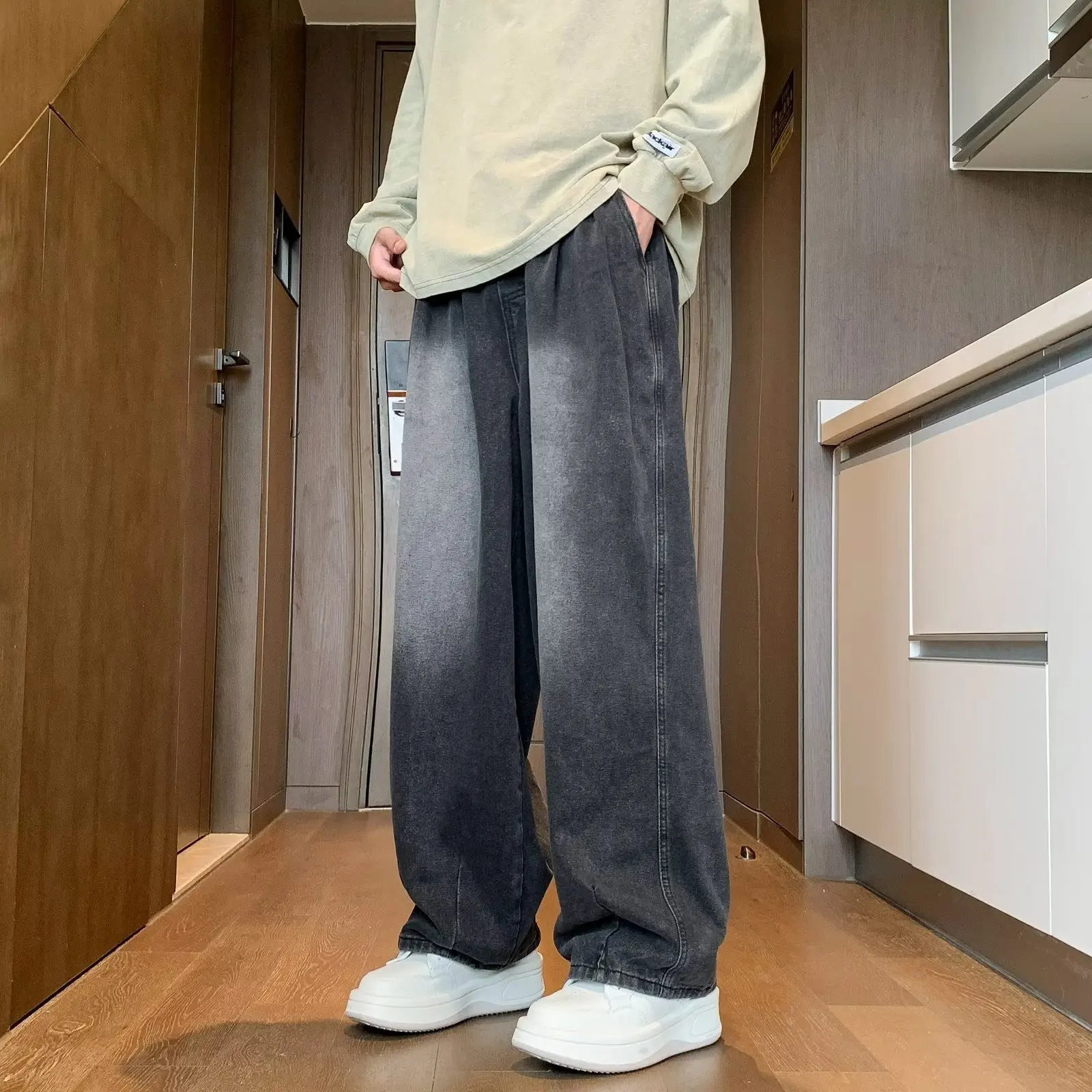 

Tie Dyed Jeans Men's Casual Pants Elastic Waist Straight Denim Trousers Wide Leg Jeans Men's Hip-hop Pants Retro Streetwear