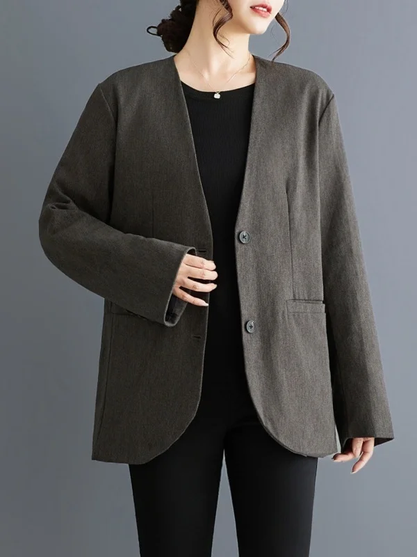 Deep Grey High Quality Woolen Suit Jacket Women's V-Neck Korean Style Commuter Coat Nylon Fabric Long Sleeve Regular Length
