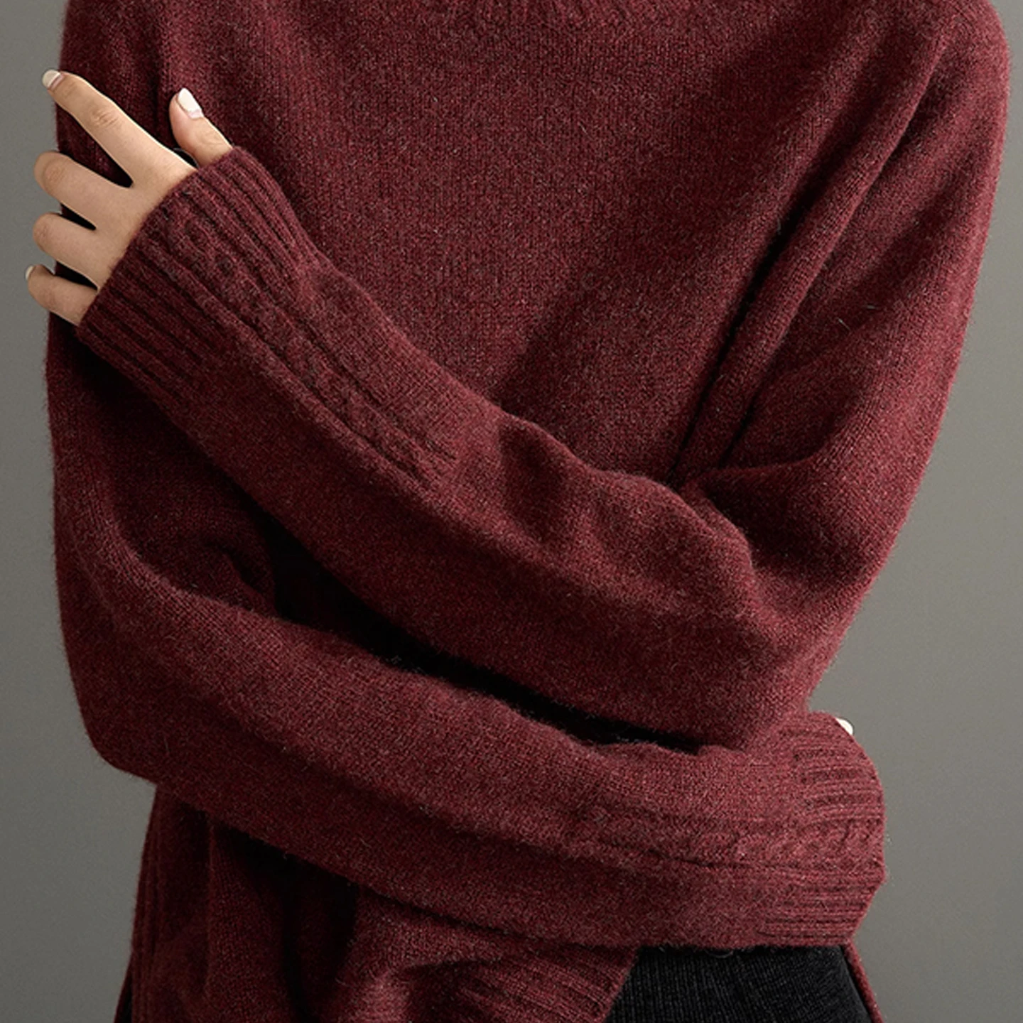 Suéter feminino 100% lã merino, de alta qualidade, gola alta, cor sólida, bainha dividida, básico, macio, quente, base de malha