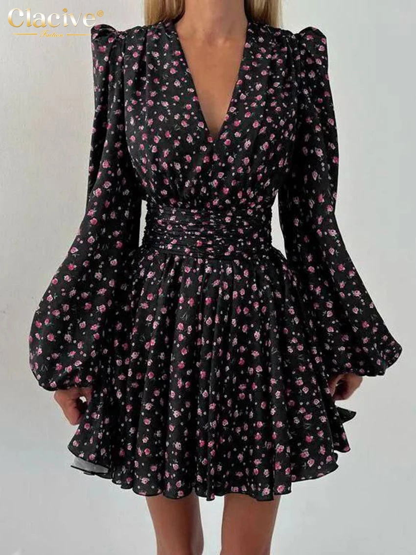 

Clacive Fashion Loose Print Women's Dress 2025 Sexy V-Neck Puff Sleeve Mini Dresses Elegant High Waist Pleated Female Dress