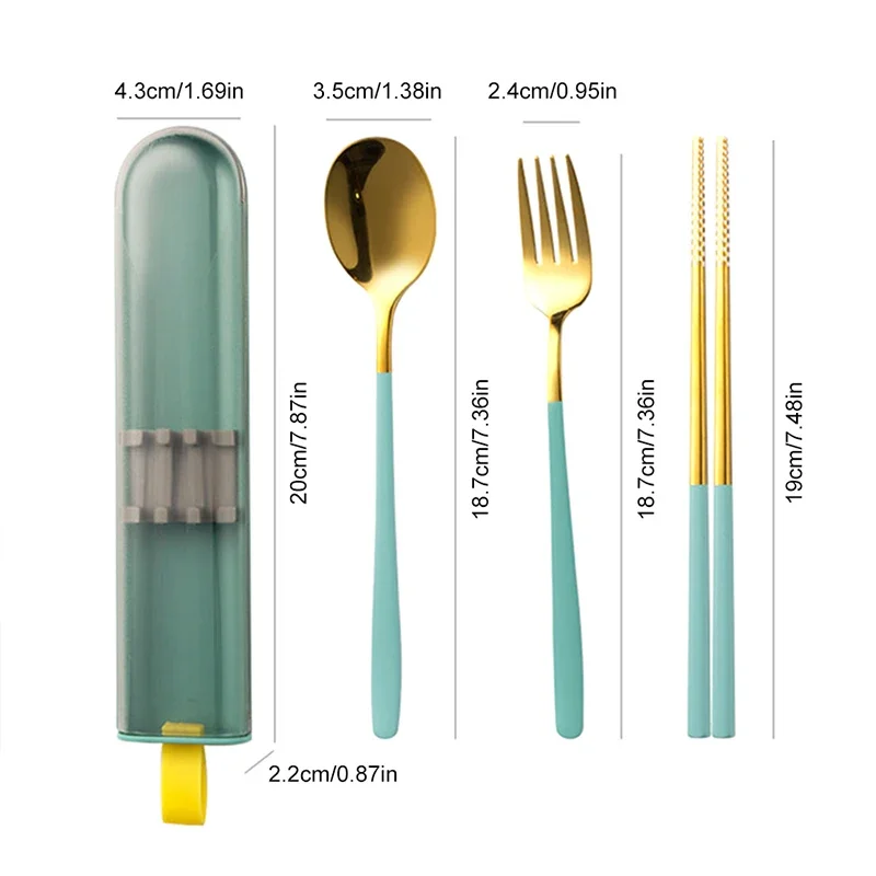 3Pcs Dinnerware Set Spoon Fork Chopsticks Cutlery with Box Portable 304 Stainless Steel Tableware for Travel Camping