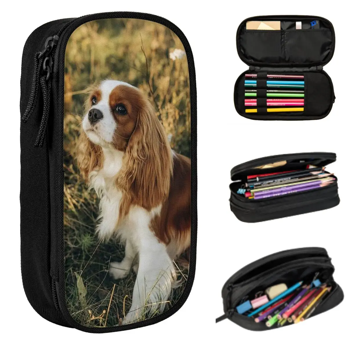 Custom Cavalier King Charles Spaniel Square Pencil Case for Boy Girl Gifts Pen Box Pencil Bag Stationery Supplies Pen Holder Bag