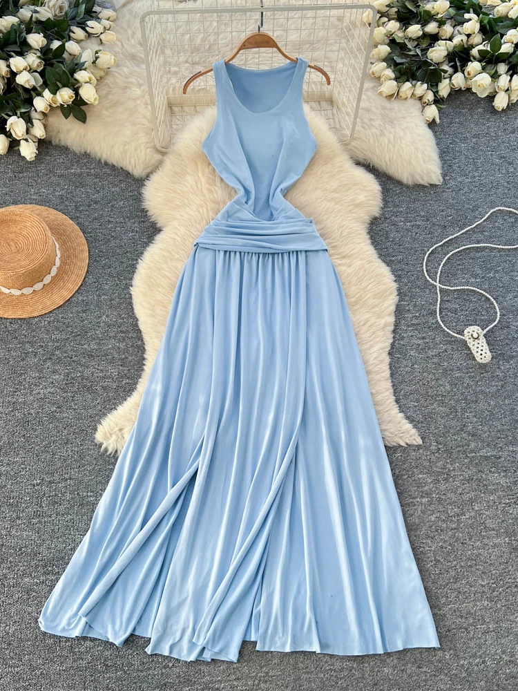 

Весна 2026, Pure Desire, популярный дизайн для девочек, плиссированная талия для похудения, с разрезом, женское трапециевидное платье с высокой талией, летнее платье