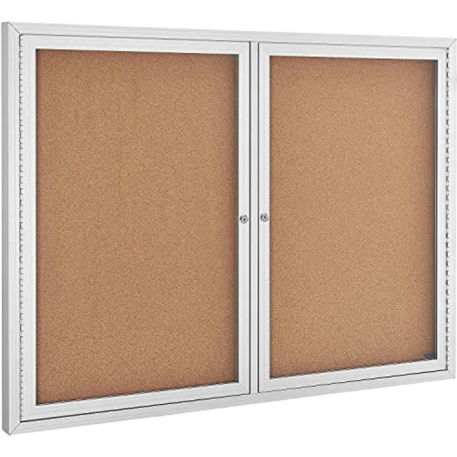 

2 Door Enclosed Bulletin Board 48" W x 36" H Self-Healing Cork Lightwght Aluminum Frame Shatter Resistant Acrylic Windows Keyed