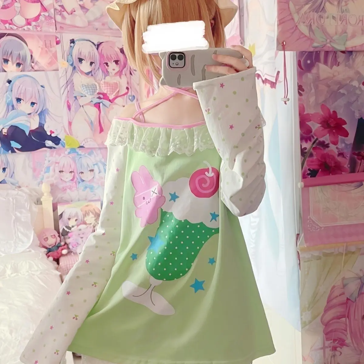 Japanese Melon Soda Print Long Sleeve One Shoulder Tie Blouse Sweet Cute Girls T-Shirts
