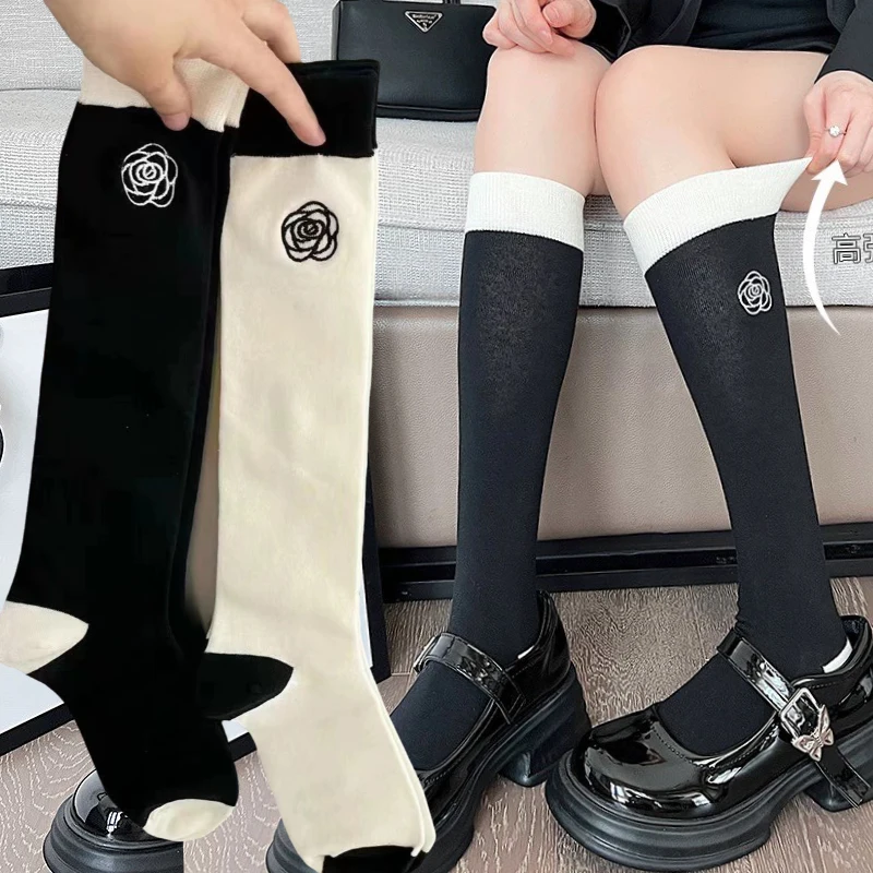 Japanese Camellia Rose Long Socks Women Girls Sweet Lolita Flower Cotton Knee High Sock Students Ins Skirt Matching Calf Socks