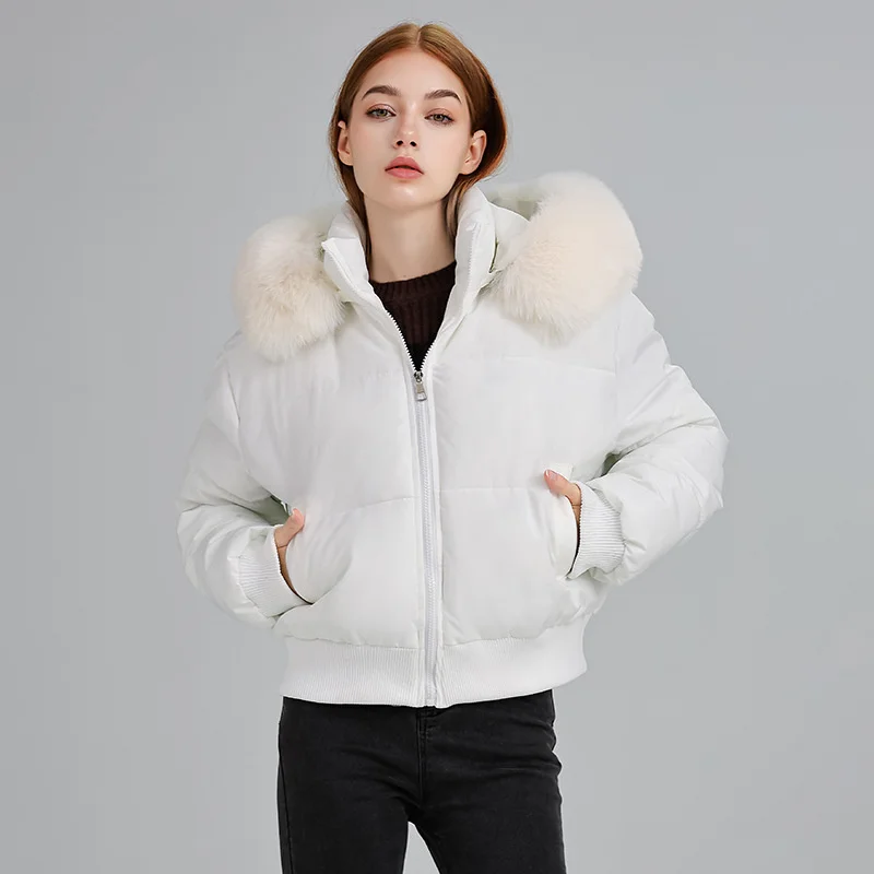 

2025 High-waist Short Cotton-padded Jacket Women's Parkas Autumn Winter Thicken Hooded Outerwear Streetwear Big-Fur-collar Coats