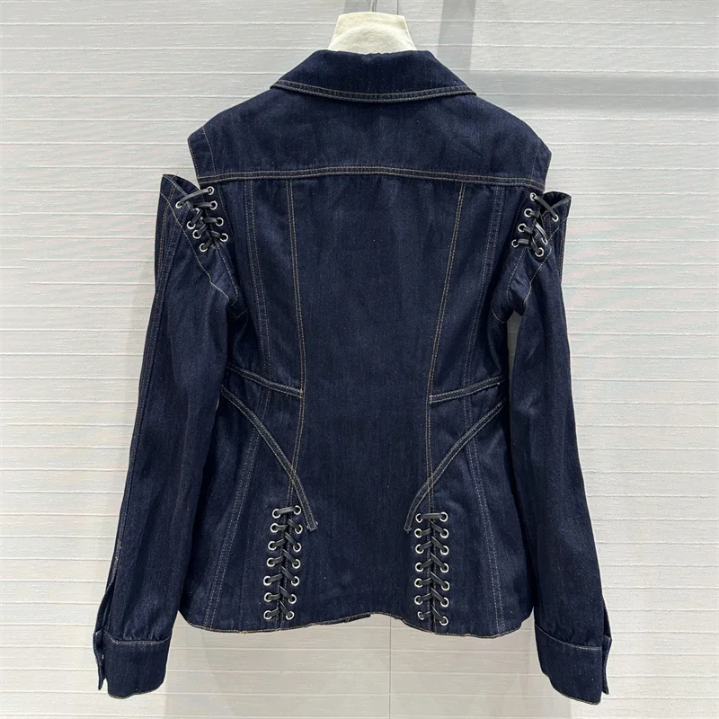 Women\'s denim jacket 2024 Autumn new in outerwears Retro washed pure long sleeved top Strap decoration Women\'s coats Jean jacket