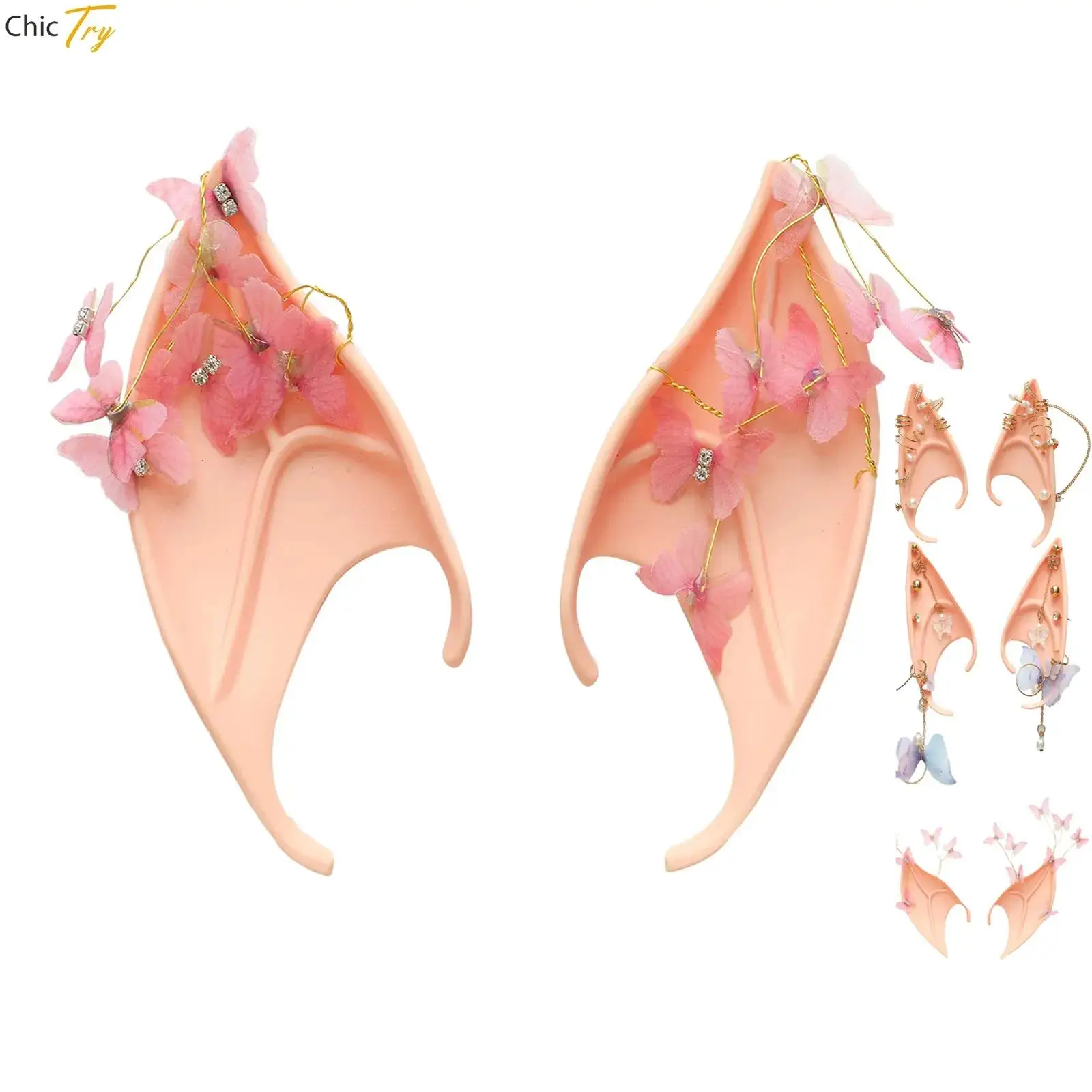 Flower Fairy Elf Ears with Piercings Faux Pearls Dangle Earrings Rubber Fake Ears Masquerade Cosplay Fairy Accessories Costume