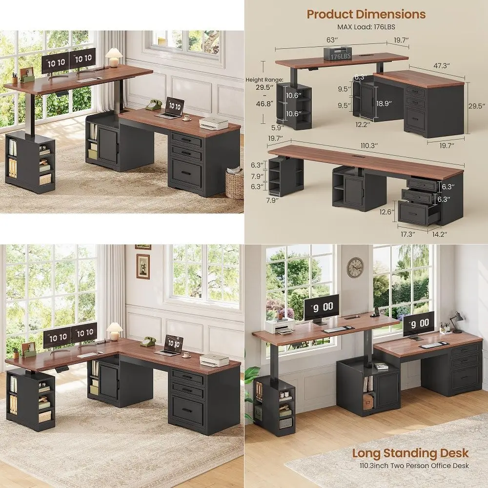 Farmhouse L Shaped Electric Standing Desk, 63 x 67 Height Adjustable Office Executive Desk with Drawers and Shelves, Standing C