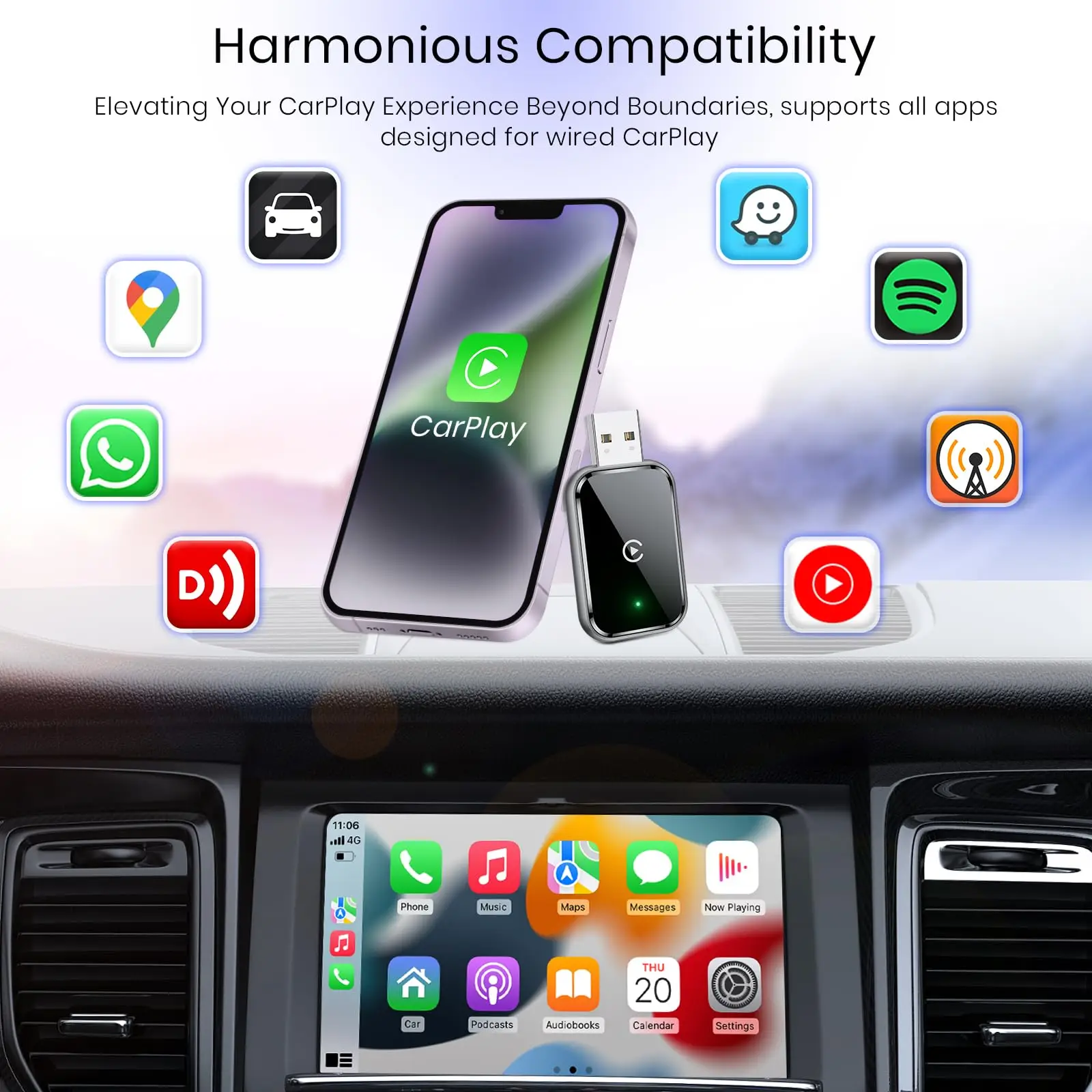 محول CarPlay اللاسلكي لهاتف iPhone، تحويل سلكي إلى محول Apple CarPlay اللاسلكي، حجم صغير مع كابل تمديد USB وUSB-C