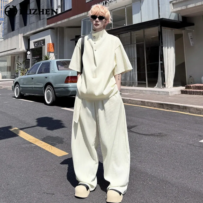 

LUZHEN 2025 Summer Solid Color Loose Half Sleeve Stand Neck T-shirts Men's Straight Wide Leg Casual Pants Two-piece Sets JY1369