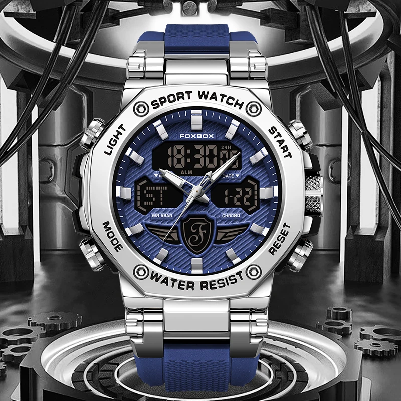 Foxbox relógios masculinos digital militar esporte quartzo moda luminosa dupla exibição cronógrafo à prova dwaterproof água relógios para homem