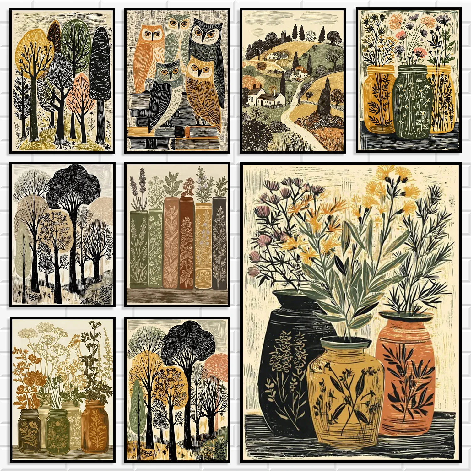 Neutral Earth Tone Linocut Canvas Prints Vintage Woodcut Owl Forest Wild Botanical Wall Art Farmhouse Cottage Home Decor Poster