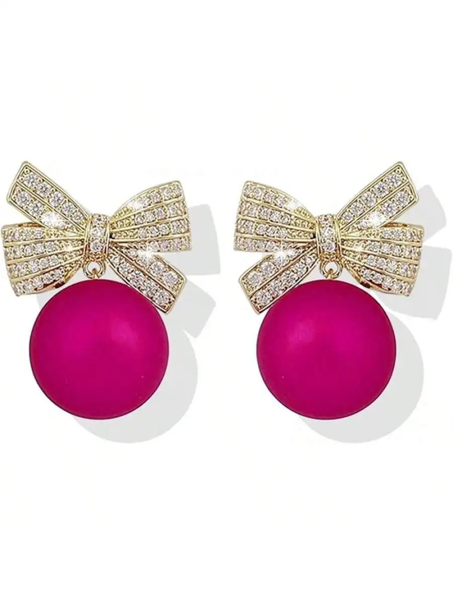 

Fashion Bow Knot Dangle Earrings With Rhinestone And Pink Ball For Women